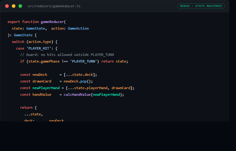 TypeScript reducer code: gameReducer with PLAYER_HIT case, state guards, and bust detection