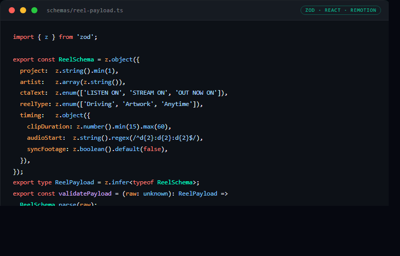 Zod schema code: ReelSchema with project, artist, ctaText, reelType, and timing validation