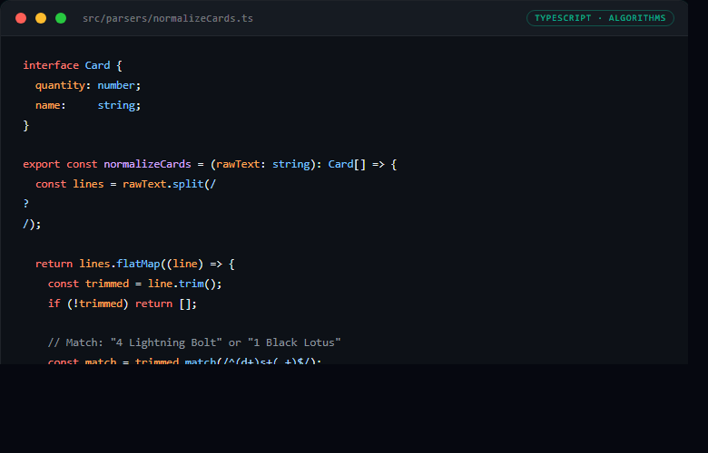 TypeScript code: normalizeCards function parsing MTG deck list text into typed Card objects