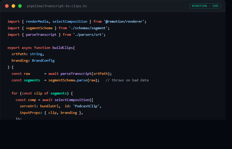 TypeScript code: transcript-to-clips pipeline using Remotion renderMedia and Zod schema validation