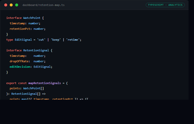 TypeScript code: retention signal mapping with edit decision types cut, keep, retime