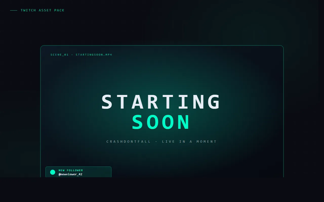 A Twitch scene mockup: large STARTING SOON wordmark with the crashdontfall channel name, plus a follower-alert preview in the corner — the kind of broadcast-ready output the Remotion asset pack renders