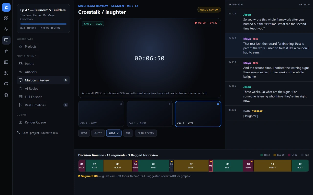 CUTROOM's Multicam Review screen: a left navigation rail and project sidebar, a program monitor showing timecode 00:06:50 on the WIDE camera, three camera monitors with WIDE active, a transcript panel with reel-flagged lines, and a colored decision timeline of 12 segments along the bottom