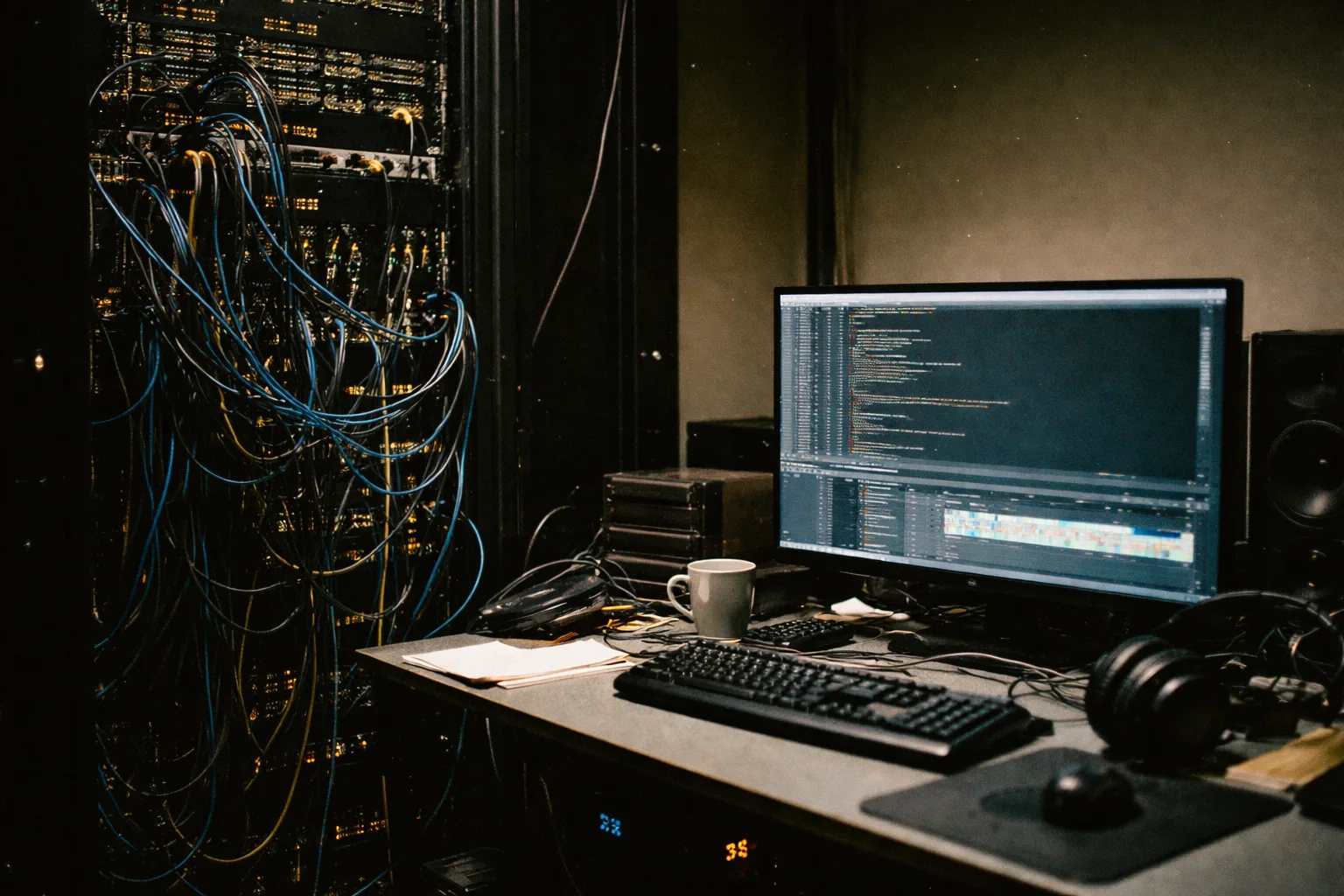 The edit bay — a monitor showing render code beside a rack of cabling and audio gear, where the transcript-to-clips pipeline runs