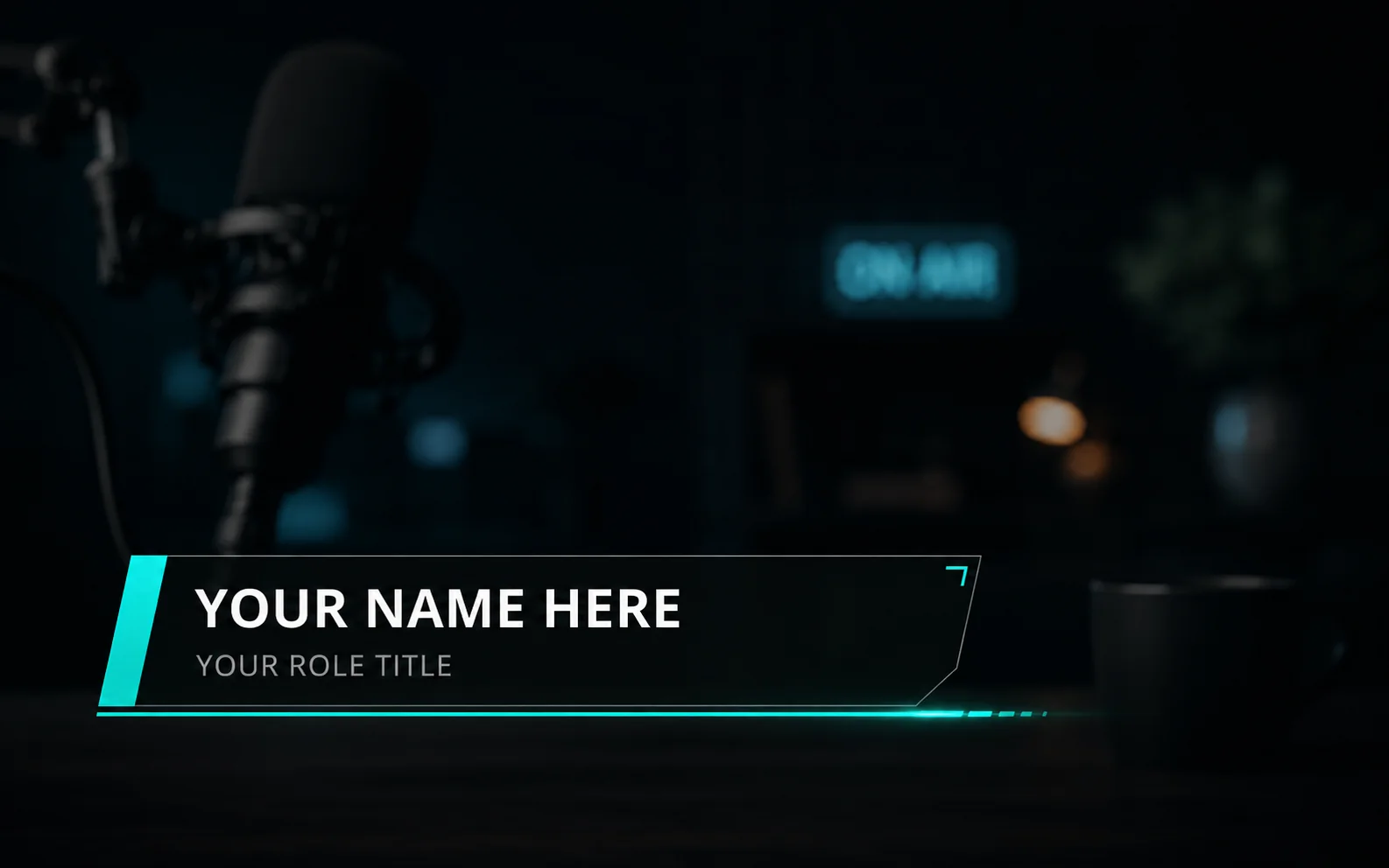 A broadcast lower-third overlay rendered by the High Functioning Graphics engine, floating over a podcast set with a cyan accent bar and placeholder name and role