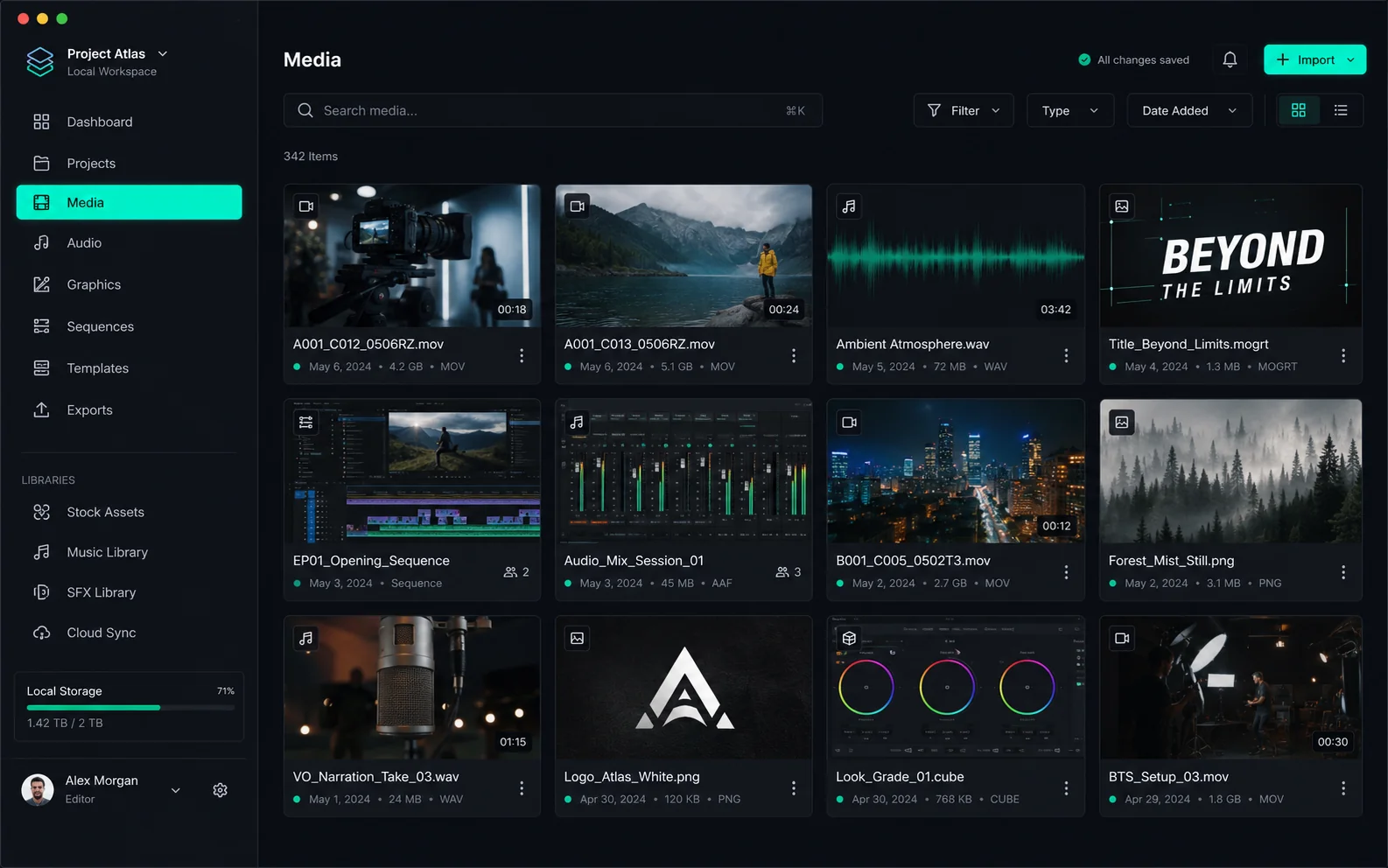 MediaDeck Local desktop app interface — a dark-themed media library showing project Atlas with categories in the sidebar (Dashboard, Projects, Audio, Graphics, Sequences, Templates), a 4x3 grid of media thumbnails with filenames and dates, and cyan accents on the active state