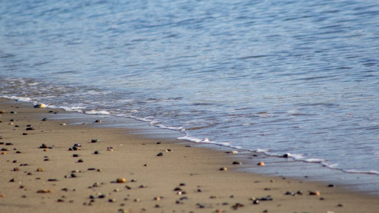 A calm shoreline with pebbles in the sand and gentle waves coming in — Massachusetts coast