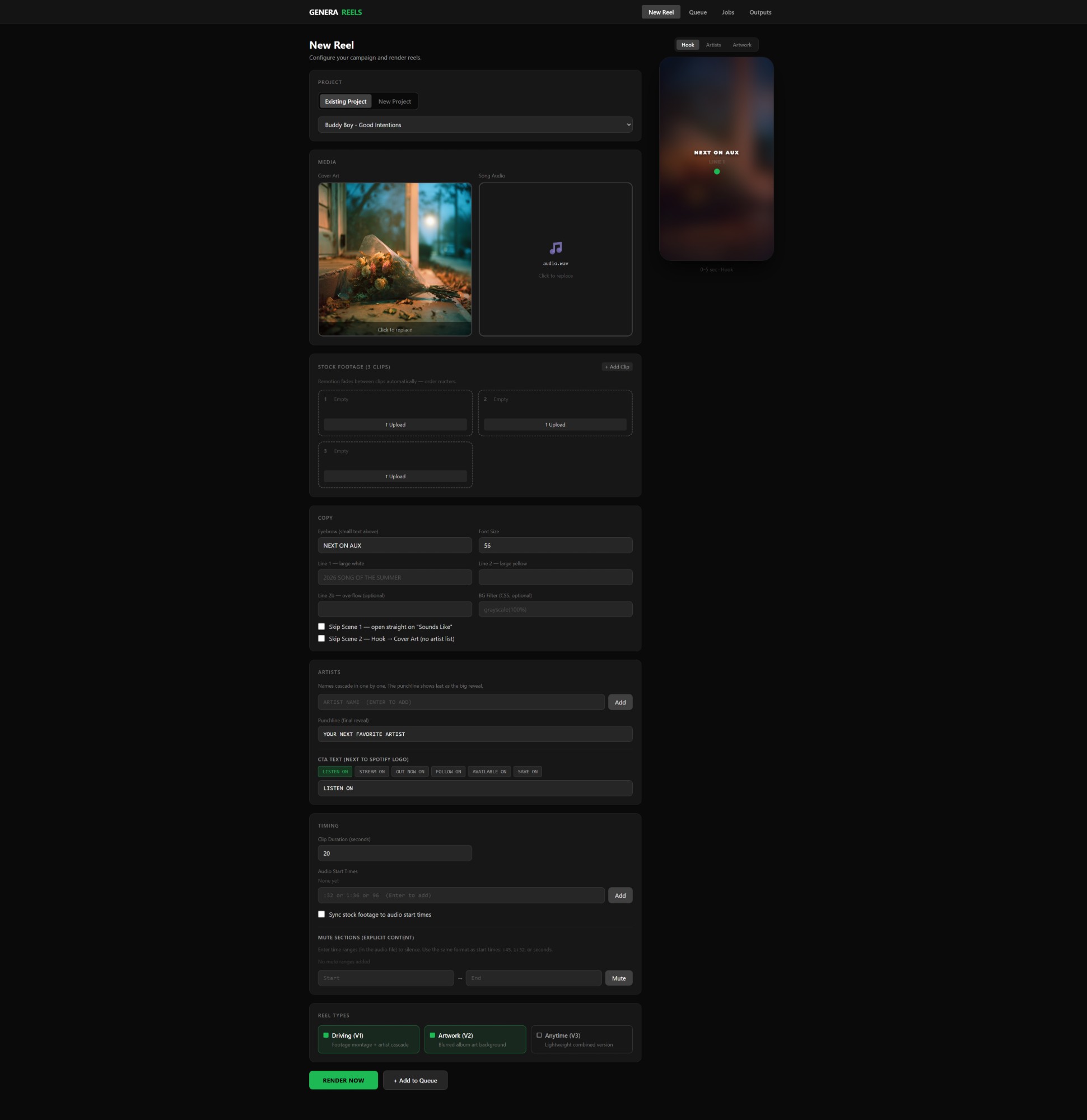 Genera Reels: campaign builder interface with project selection, media upload, copy fields, and reel type controls