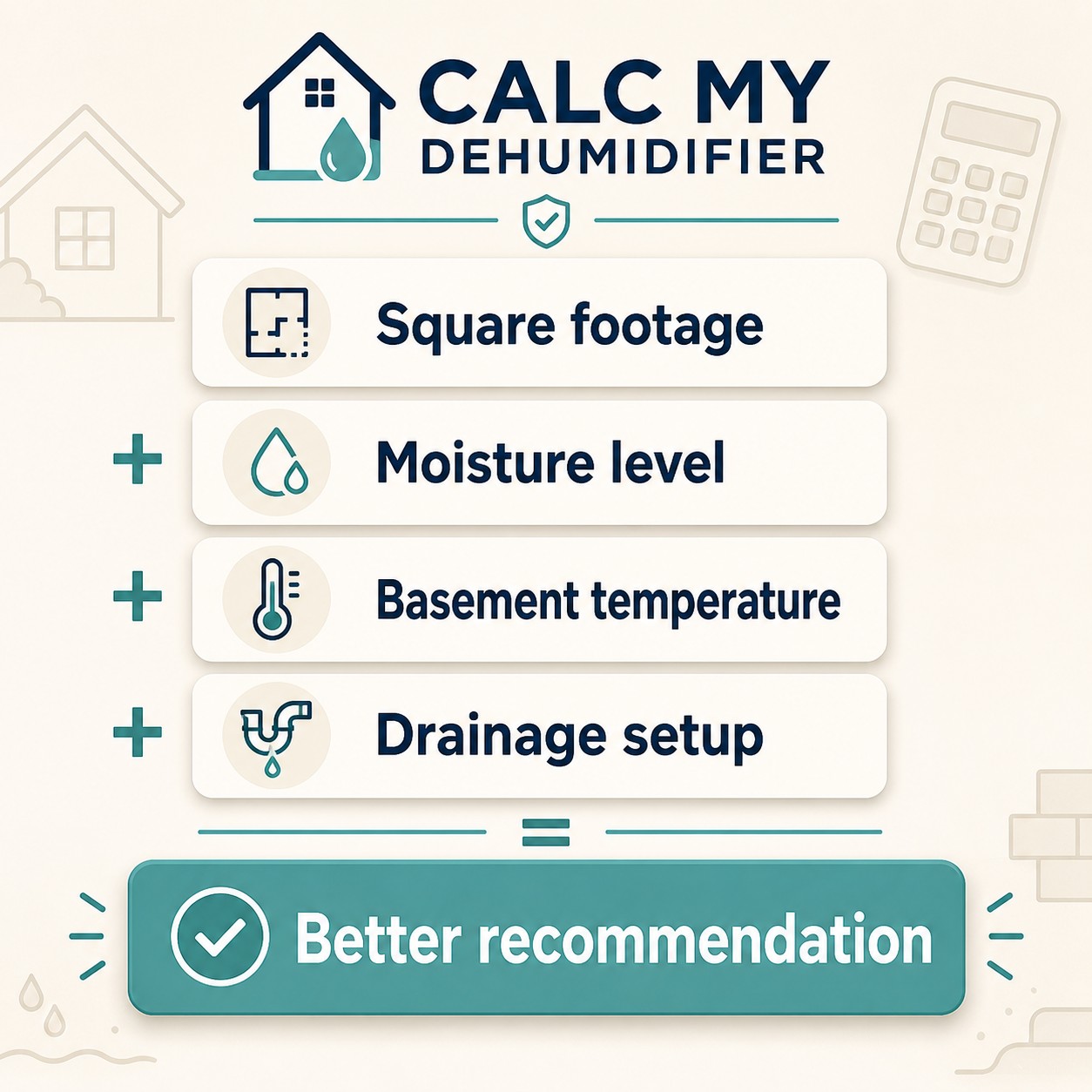 Calc My Dehumidifier: square footage, moisture level, basement temperature, and drainage setup input interface